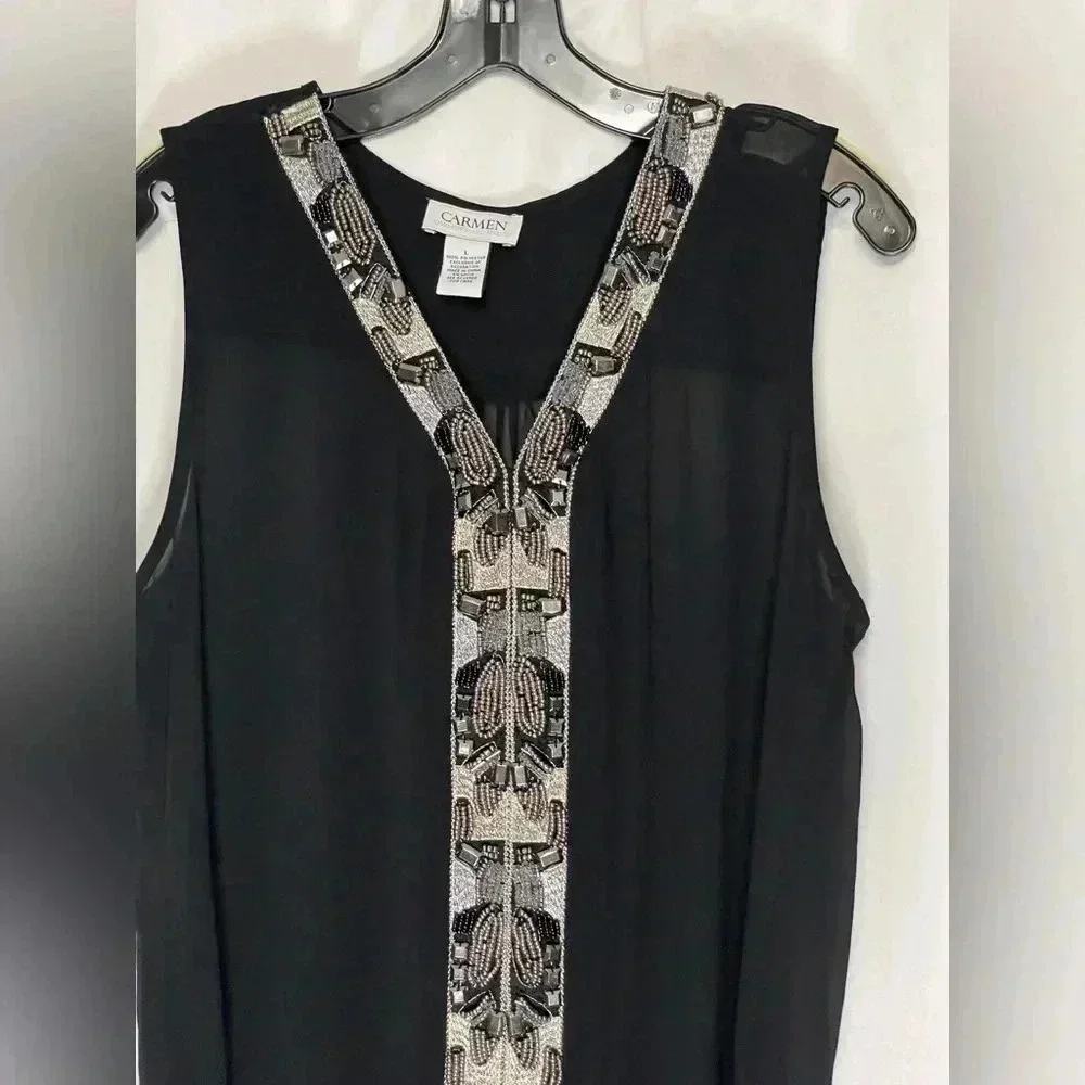 Carmen Marc Valvo sheer sleeveless art deco‎ embellished top - Picture 5 of 5